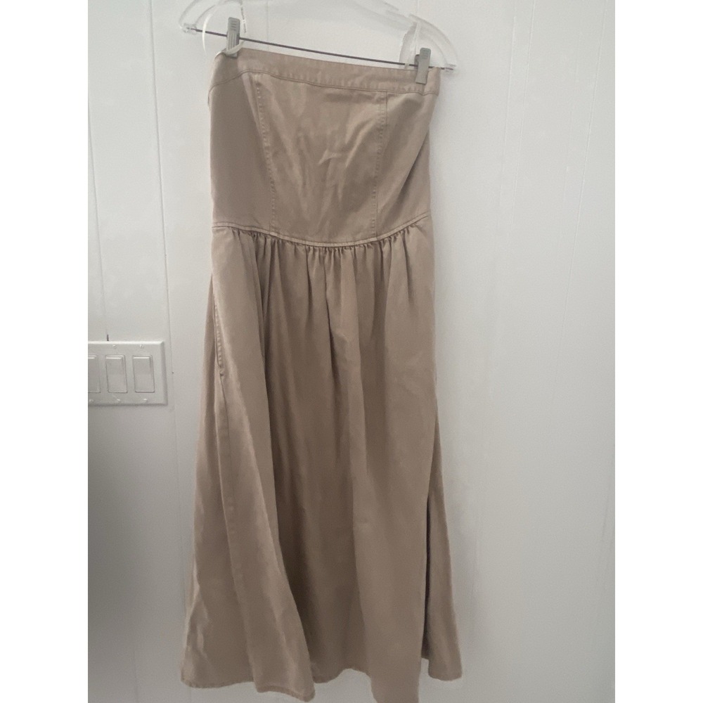 YFB Young Fabulous Broke Strapless Midi Dress Tan Beige Smocked Back Zip Pockets